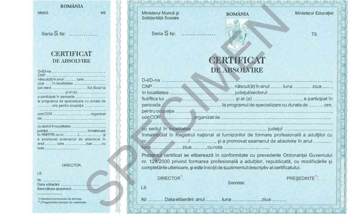 Model de certificat de absolvire emis de Ministerul Muncii și Solidarității Sociale și Ministerul Educației, cu seria S, cod COR, durata în ore și numărul de înmatriculare în Registrul național al furnizorilor de formare profesională a adulților